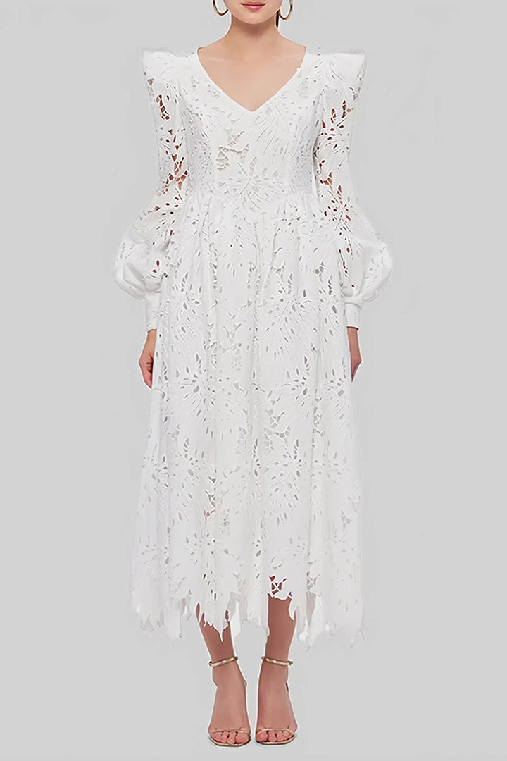 V Neck Lace Embroidery Cutout Midi Dress