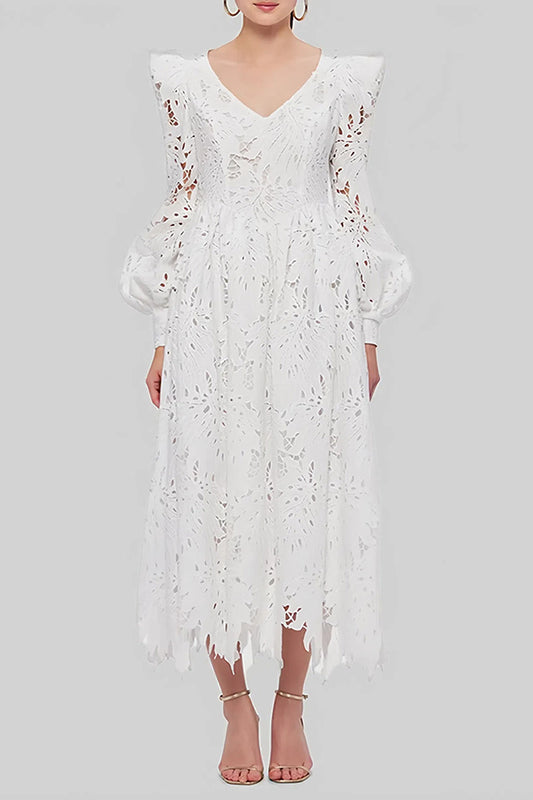 V Neck Lace Embroidery Cutout Midi Dress