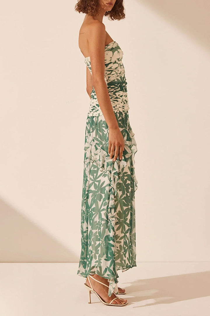 Green Floral Pleated Long Dress