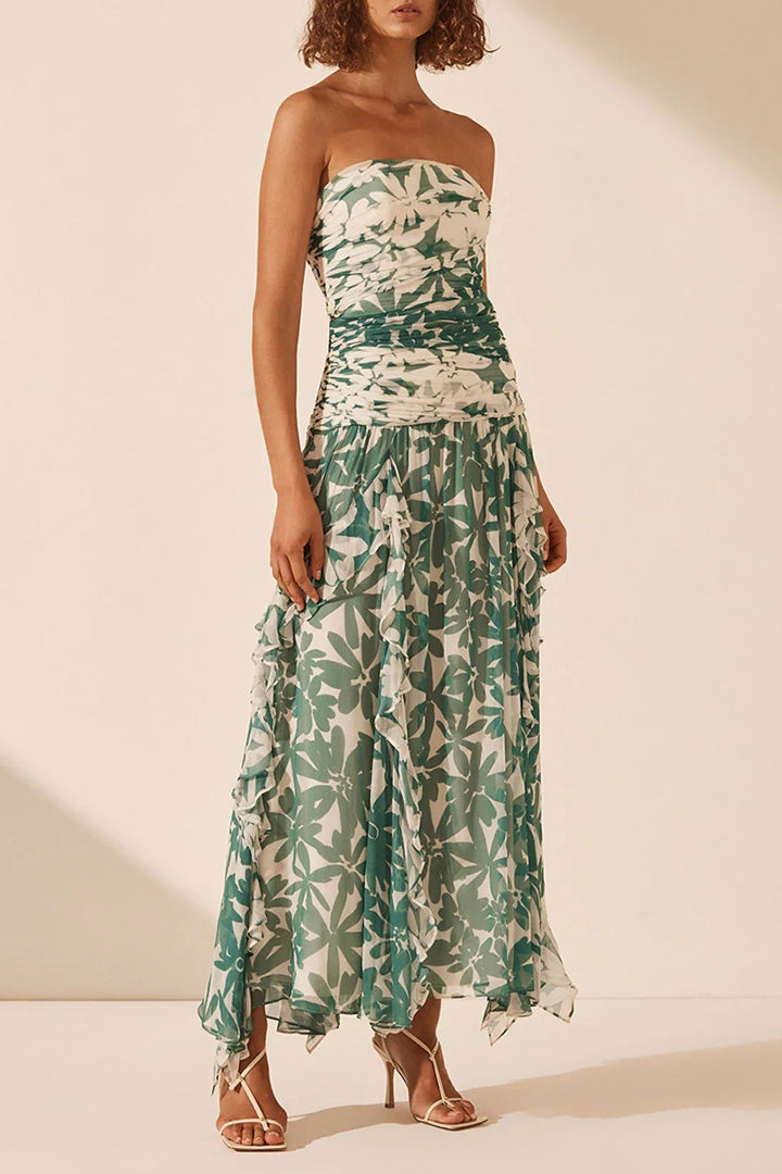 Green Floral Pleated Long Dress