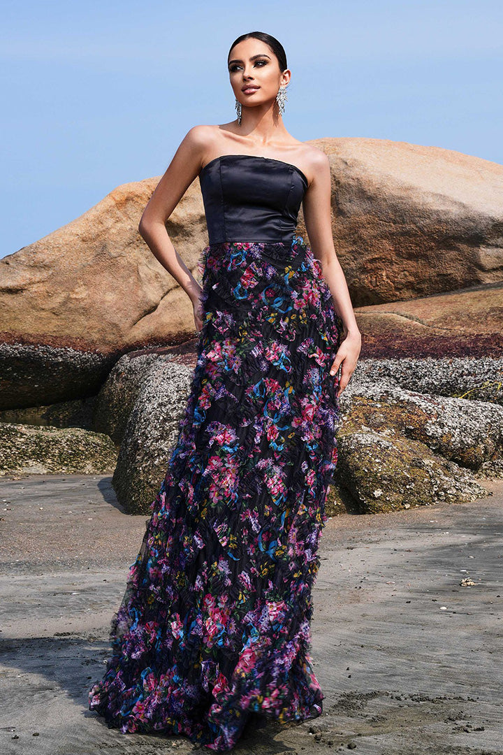 Black Wrap Printed Long Dress