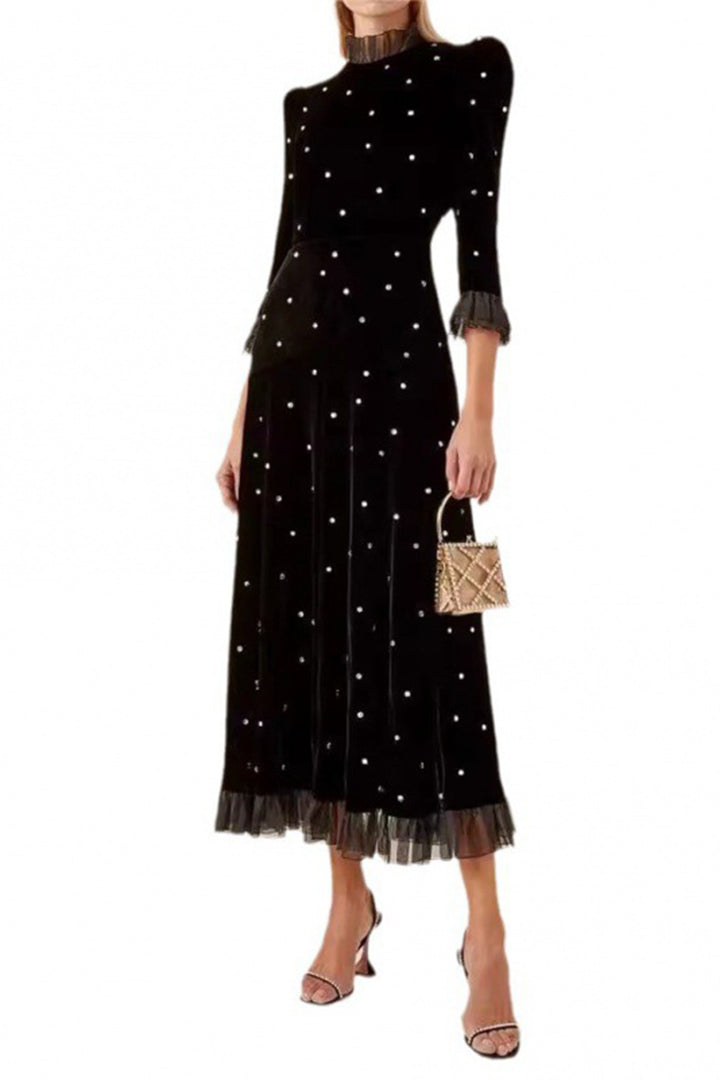 Black High Neck Long Sleeve Velvet Long Dress