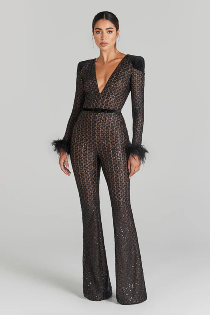 Black Lace Sequin Feather Bandage Jumpsuit