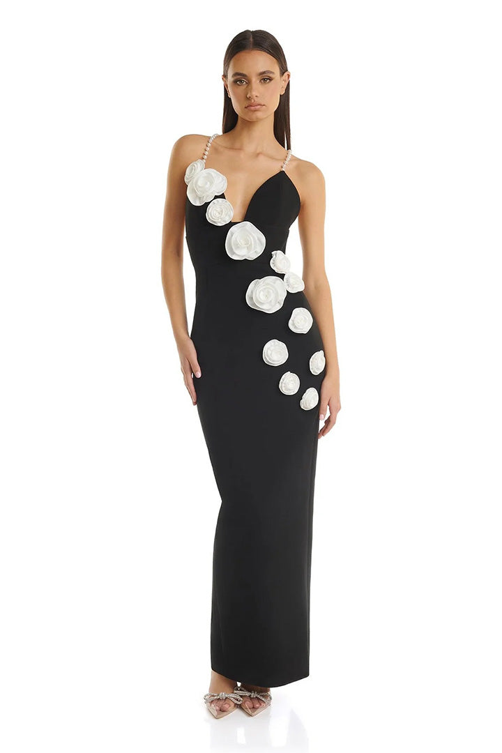 Black White Spaghetti Flower Patchwork Maxi Dress