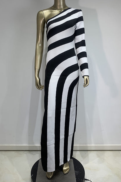 Black White Zebra Print One Shoulder Long Sleeve Dress