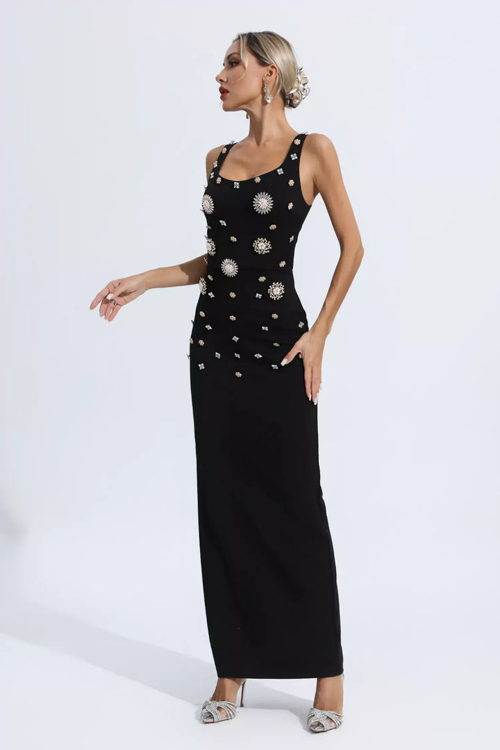 Black Embellished Diamond Maxi Dress