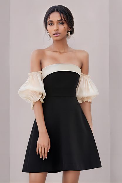 Black Strapless Bubble Sleeve Short Dress