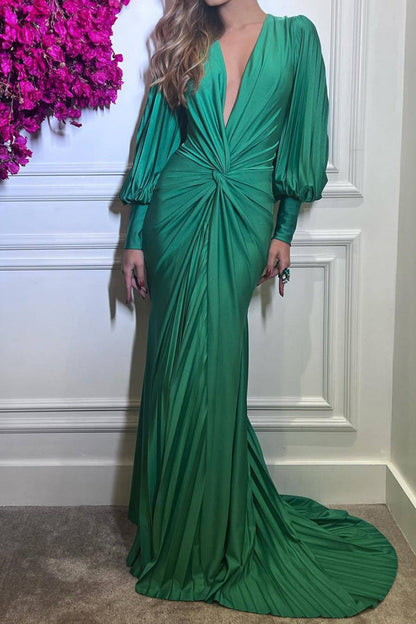 Green Elegant Long-sleeved Waist Pleated Maxi Dress