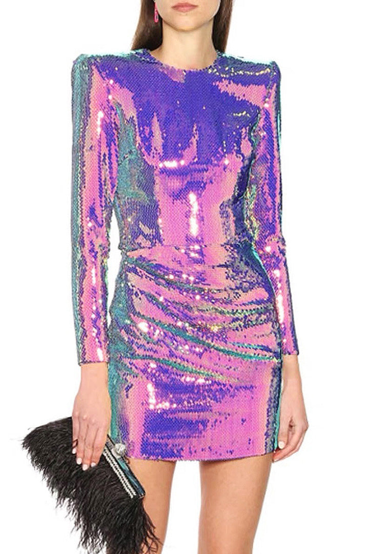 Round Neck Zipper Sequin Mini Dress