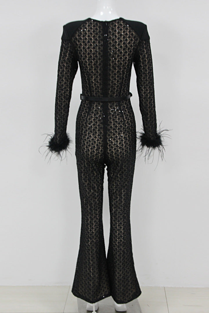 Black Lace Sequin Feather Bandage Jumpsuit