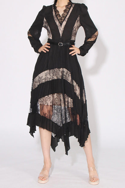 Black Puff Sleeve Lace Midi Dress