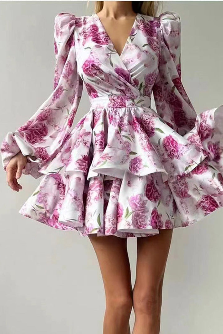 Bubble Sleeve Printed Short Puffy Dress