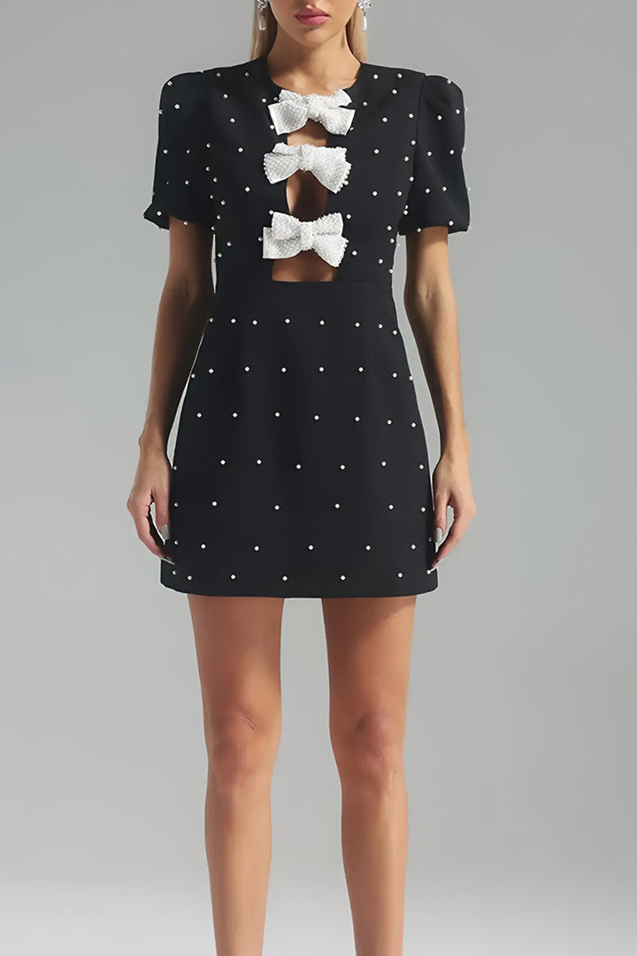 Black Bow Patchwork Rhinestone Mini Dress