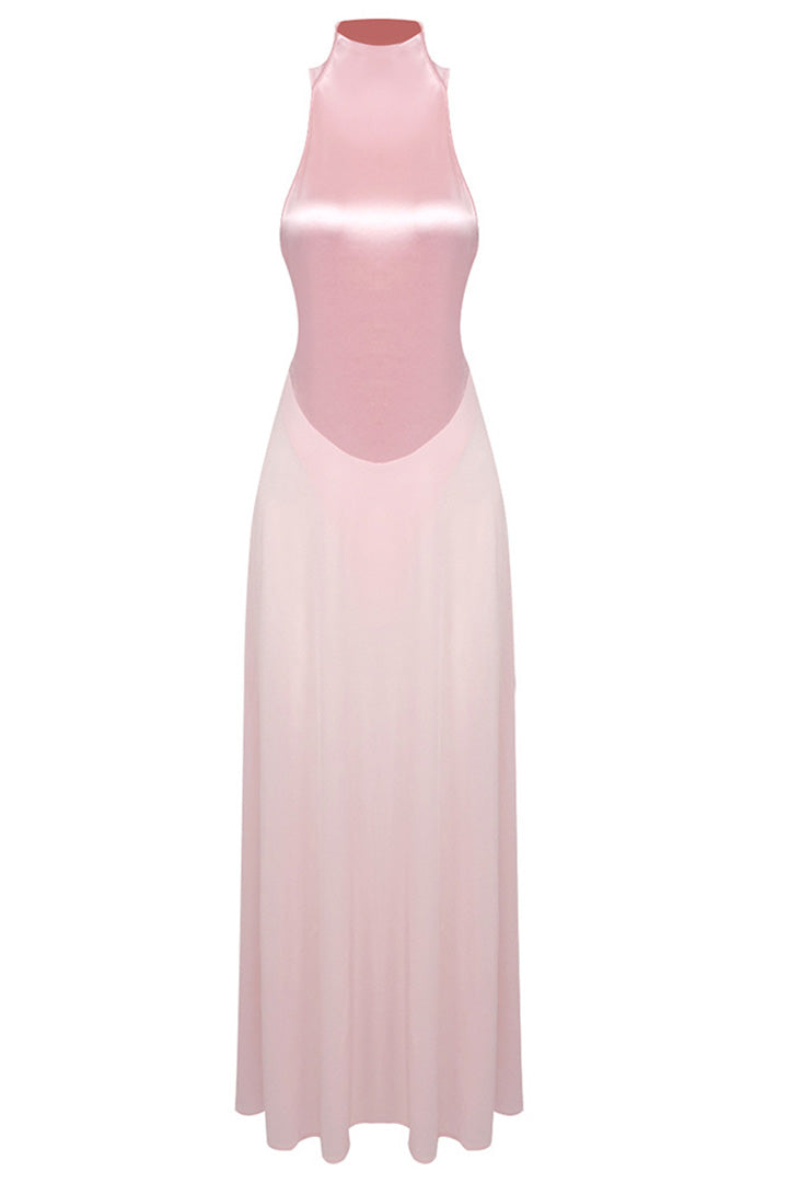 Pink Satin Tulle A Line Maxi Dress