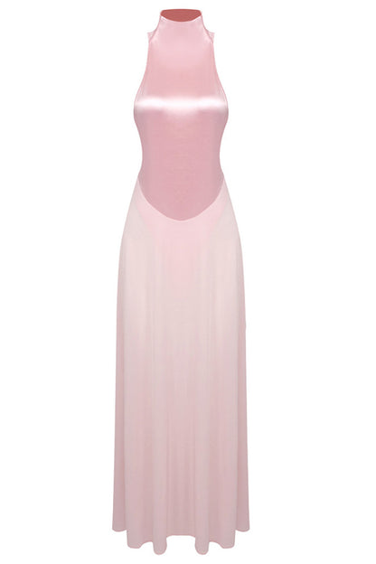 Pink Satin Tulle A Line Maxi Dress