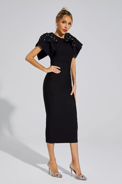 Black Knitted Embellished Midi Dress