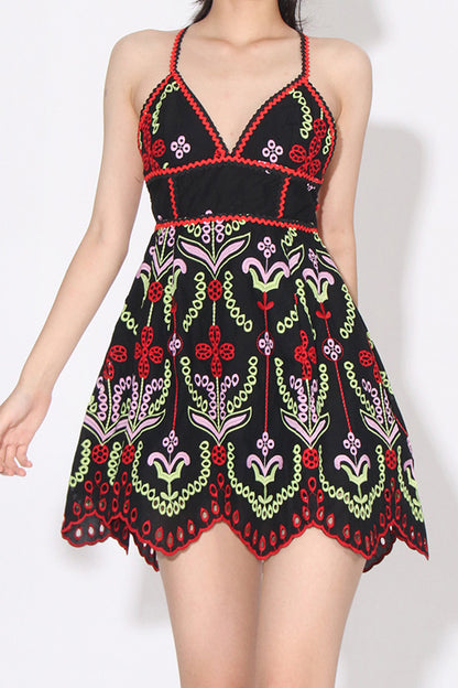 Black Printed Embroidered Mini Dress