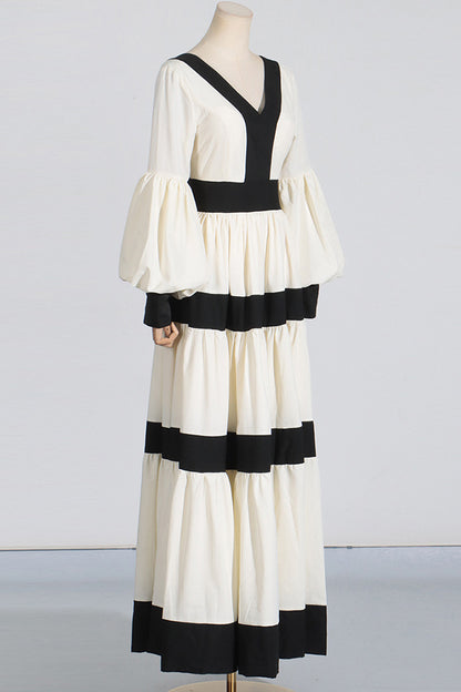 Black White Patchwork Lantern Sleeve Midi Dress