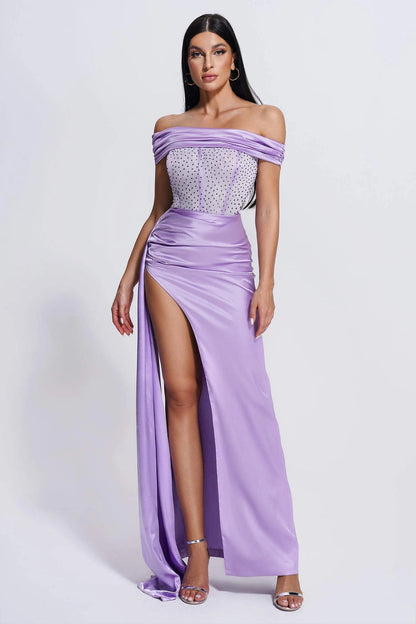 Purple High Slit Diamante Mesh Corset Satin Maxi Dress