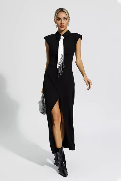 Black Commuter Tie Slit Dress