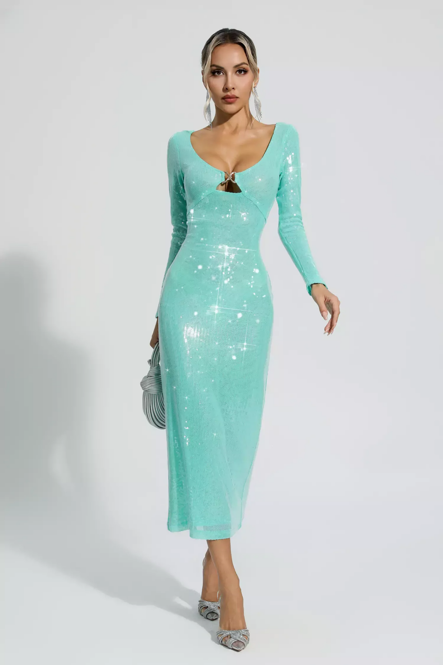 Green Long Sleeve Sequin Midi Dress