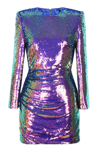 Round Neck Zipper Sequin Mini Dress