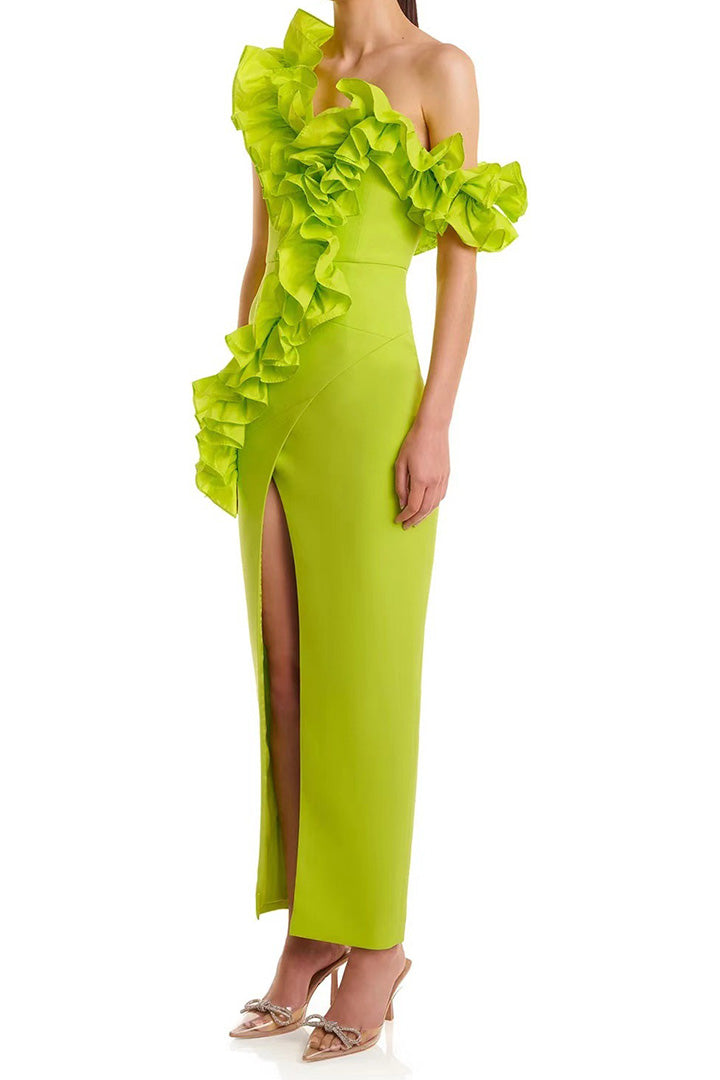 Green Ruffled Slant Neck Strapless Split Long Dress