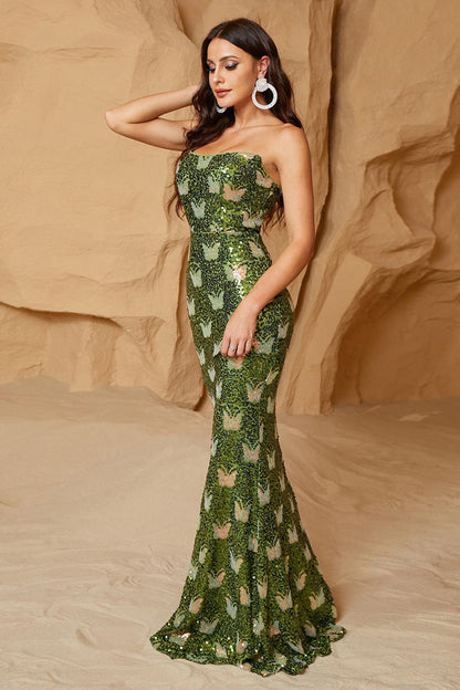 Green Sheath Sequined Fishtail Maxi Dress