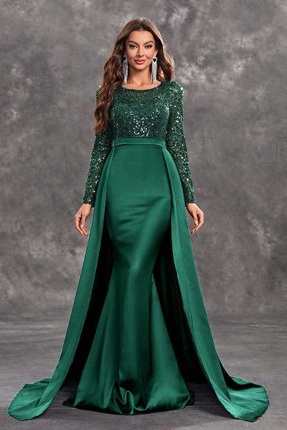 Elegant Round Neck Long Sleeve Sequin Long Dress