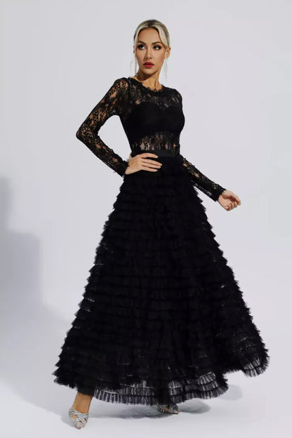 Black Hollow Lace A-line Maxi Dress