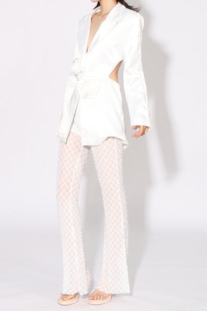 White Cut Out Floral Blazer And Rivet Pants Set