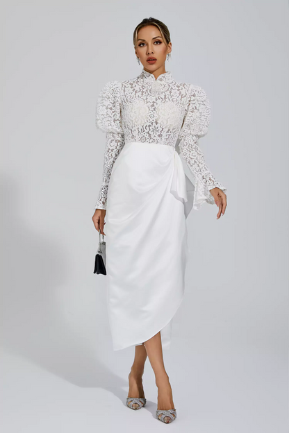 White Lace Bubble Sleeve Midi Dress