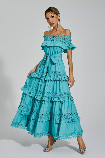 Blue Ruffle Off Shoulder Dress