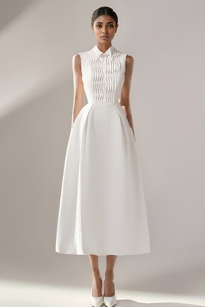 White Sleeveless Pleated Midi Dress