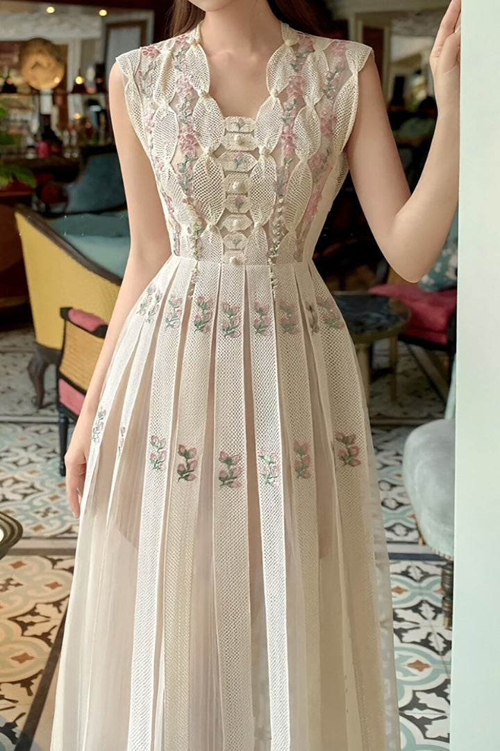 Elegant Beige Lace Floral Embellished Midi Dress