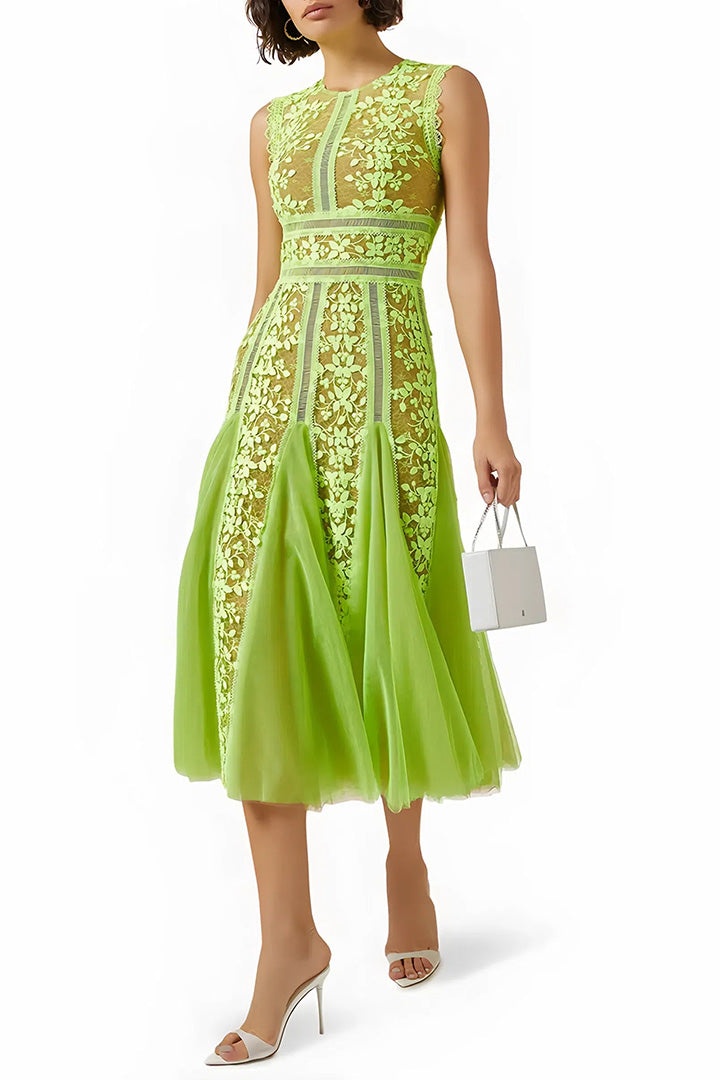 Solid Color Sleeveless Mesh Embroidered Midi Dress