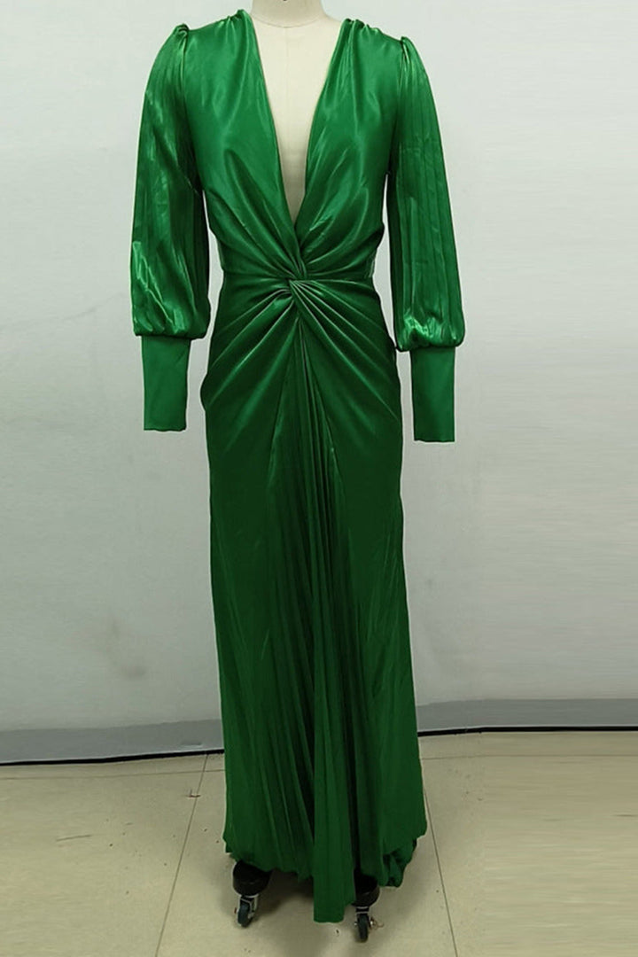 Green Elegant Long-sleeved Waist Pleated Maxi Dress