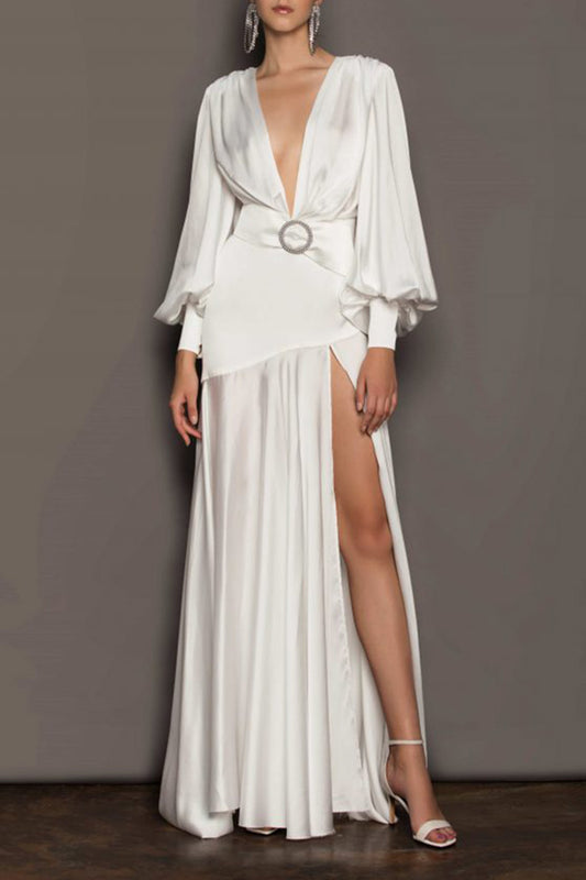 White Lantern Sleeve High Split Satin Long Dress