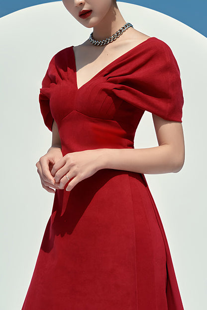 Christmas Red Pleated Wrap Shoulder Midi Dress