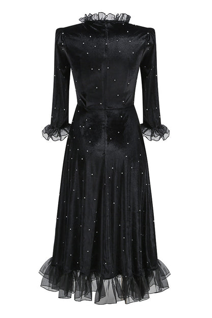 Black High Neck Long Sleeve Velvet Long Dress