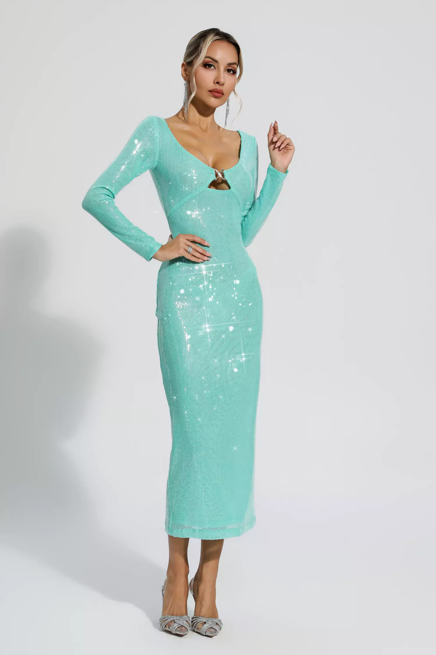 Green Long Sleeve Sequin Midi Dress