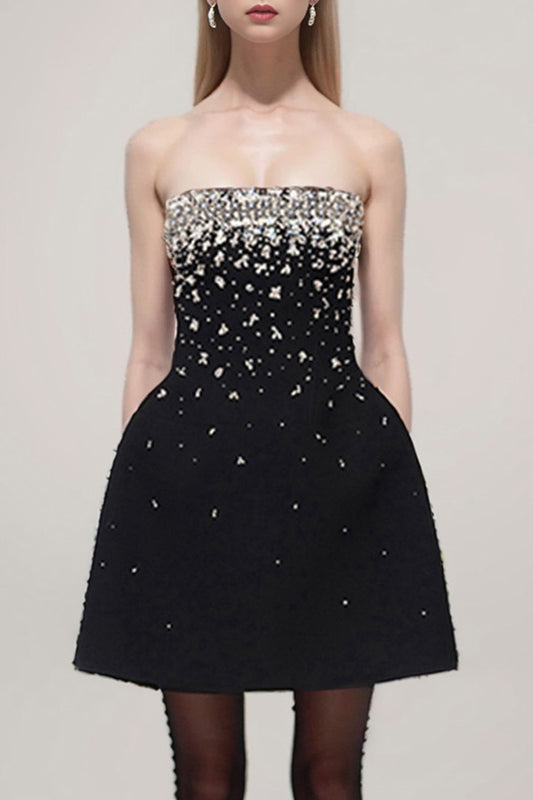 Sheath Diamond Encrusted Mini Black Dress