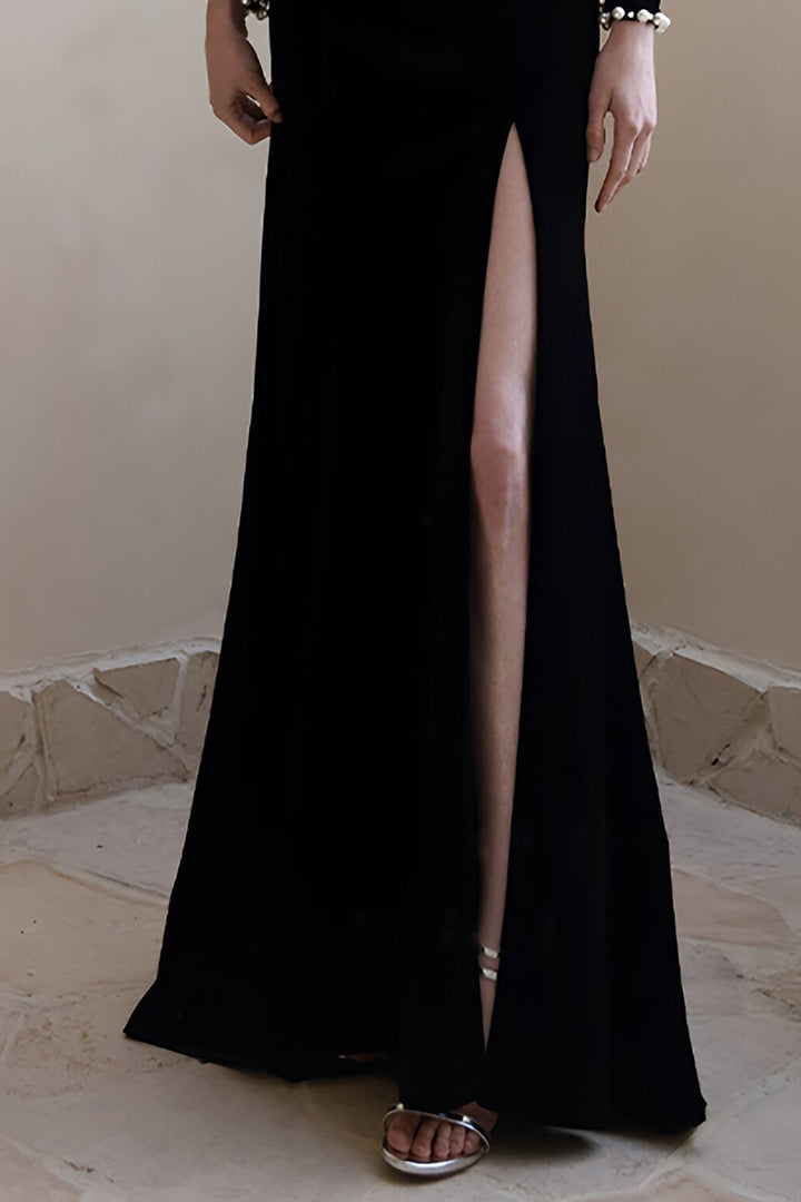 Black Strapless Beaded Embellished Maxi Dress