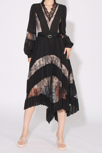 Black Puff Sleeve Lace Midi Dress