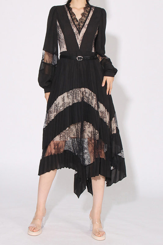 Black Puff Sleeve Lace Midi Dress