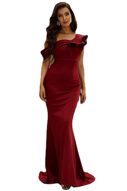 Wine Red One-Shoulder Ruffled Maxi Dress