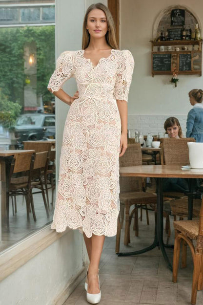 Apricot Elegant V Neck Lace Midi Dress