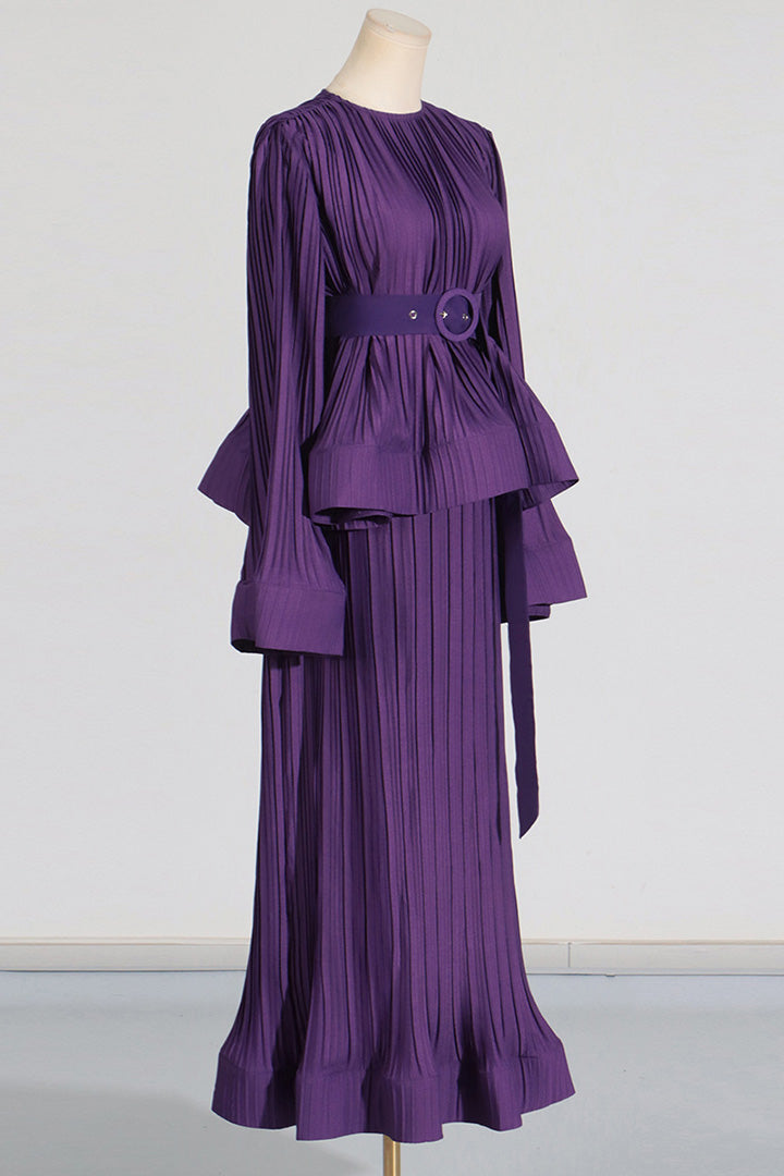 Purple Fall Fashion Pleated Long Skirt Set