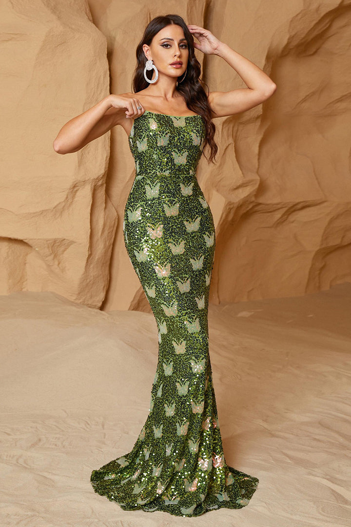 Green Sheath Sequined Fishtail Maxi Dress