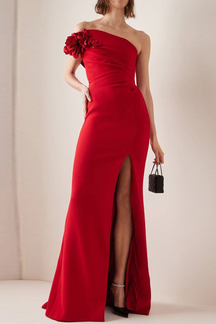 Red One Shoulder Flower Embellished Maxi Dress